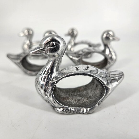 Vintage Pewter Metal Silver Napkin Rings Duck Animal Bird Ornithology Set of 5 - Picture 2 of 10